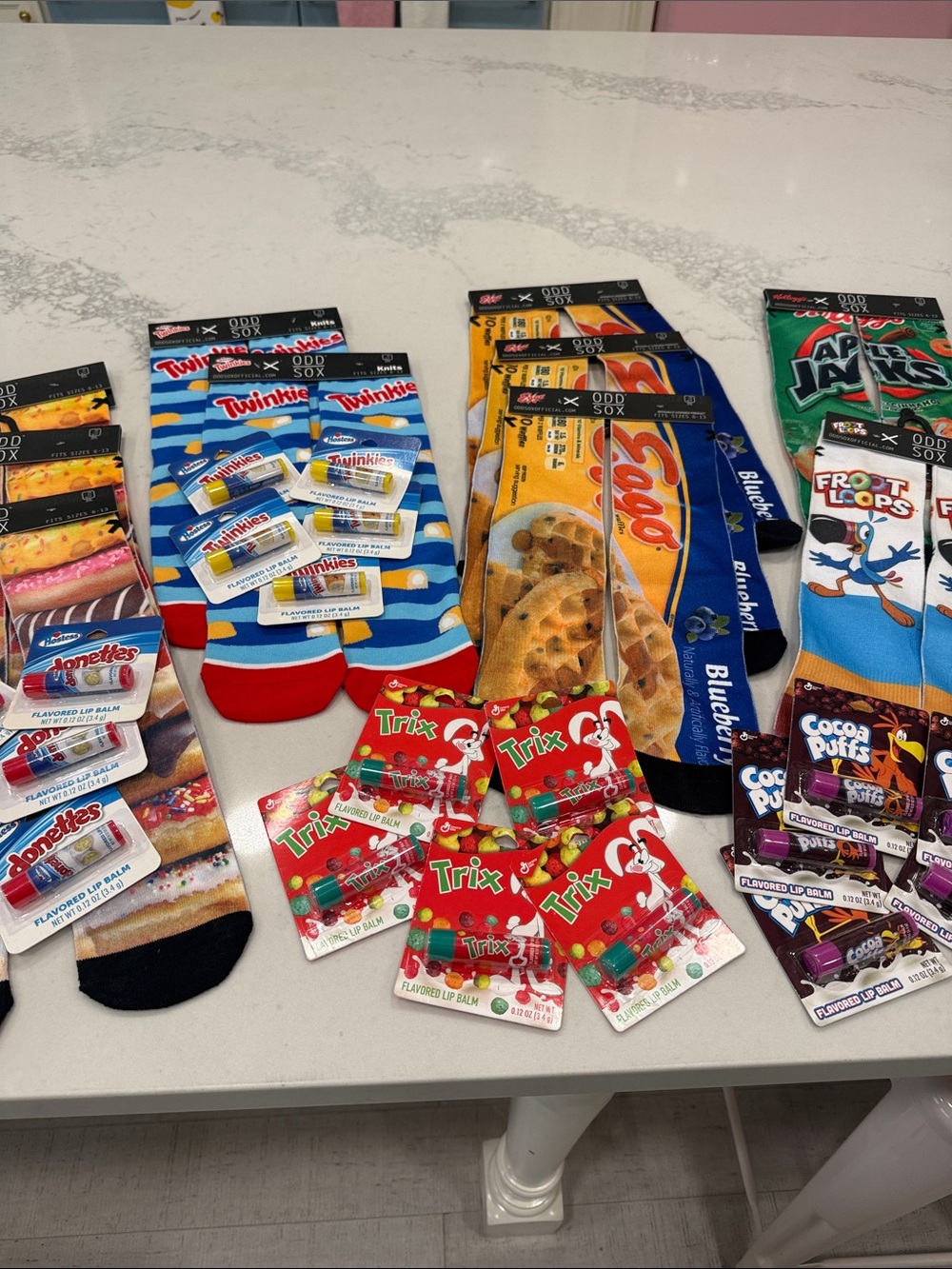Novelty Breakfast Cereal Crew Socks in Multicolor with Lip Balm